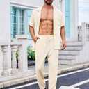 Mens Two Piece Summer Outfit Short Sleeve Ribbed Shirt and Pants with Pockets Loungewear Beachwear Sleepwear