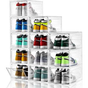 12 Pack Large Shoe Storage Box, Clear Shoe Storage Organizer with Magnetic Door, Stackable,Shoe Containers For Display Sneakers, Easy Assembly, Fit up to US Size 12, Clear