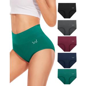 Women's Underwear High Waisted Ladies Cotton Panties Breathable Stretch Full Coverage Postpartum Brief 5Pack (Medium, (5 Pack) Black/Red/Gray/Green/Blue)