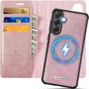 Wallet Case for Samsung Galaxy S25 Plus Compatible with Magsafe, 2-in-1 PU Leather Flip RFID Blocking Card Holder Stand Shockproof Magnetic Detachable Cover for Galaxy S25 Plus Case, Pink