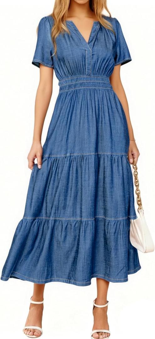 Simplee Womens Summer Denim Dress Casual Short Sleeve V Neck Empire Waist Boho Flowy Western Jean Maxi Dresses with Pockets (S)