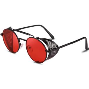 FEISEDY Steam Punk Sunglasses for Men Women Side Shield Round Steampunk Vintage Glasses Shades B2518 (04 Red)