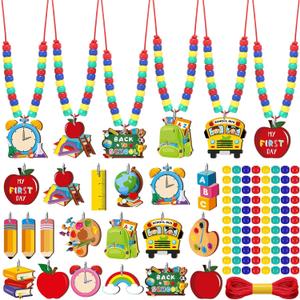 48 Sets Back to School Bead Necklace Crafts Kit Welcome First Day of School Craft Gifts Apple Bus Shape Beads DIY Necklace Supplies Party Favor
