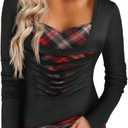 RoseSeek Women's Plaid Cut Out Tops Square Neck Long Sleeve T Shirts Preppy Fall Tops (Black, Medium)