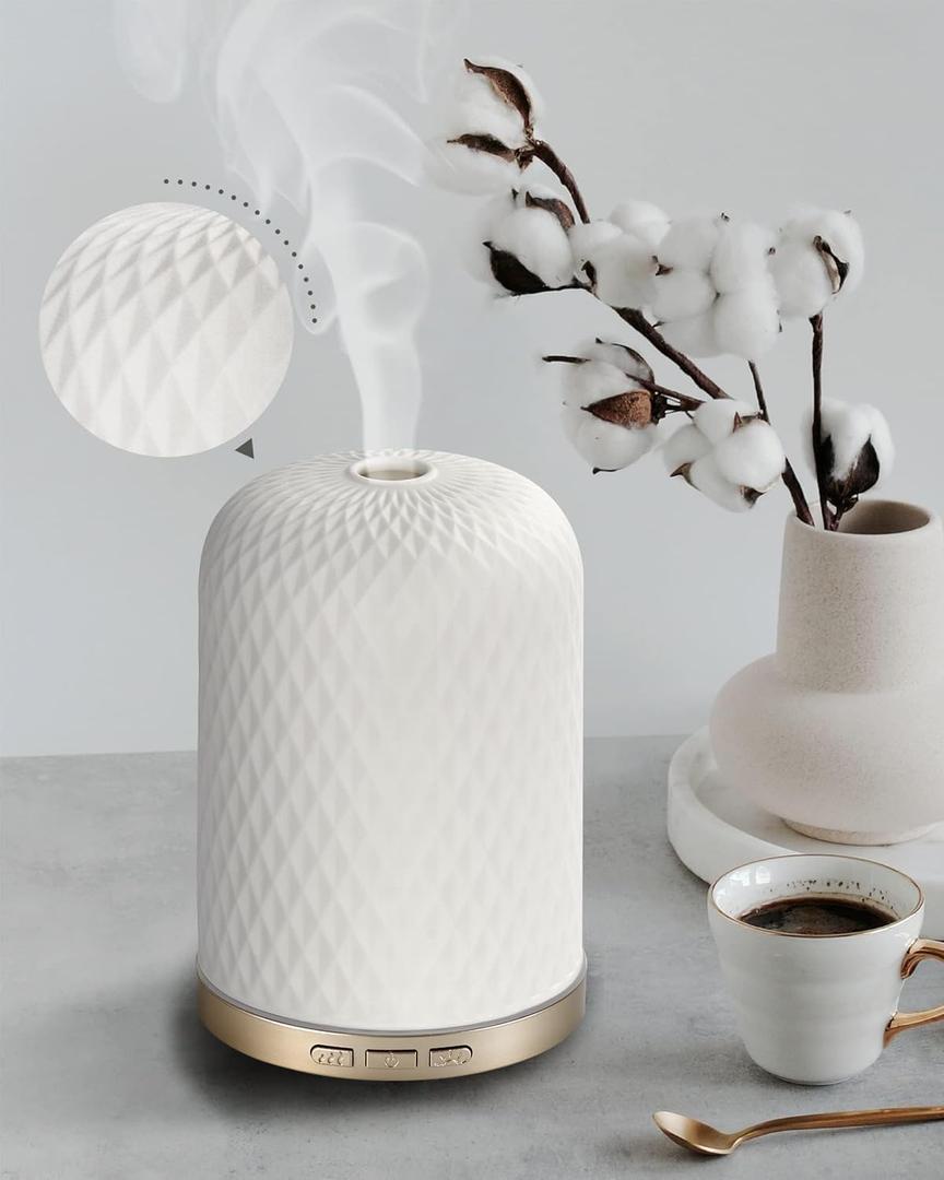 Essential Oil Diffuser,120ML 2.4MHz Ultrasonic Aromatherapy Diffusers for Essential Oils Large Room, Ceramic Diffusers Decorative Aroma Diffuser, Ideal Air Diffusers for Home, Room Decor, Yoga, White (Diamond-shaped Ceramic)