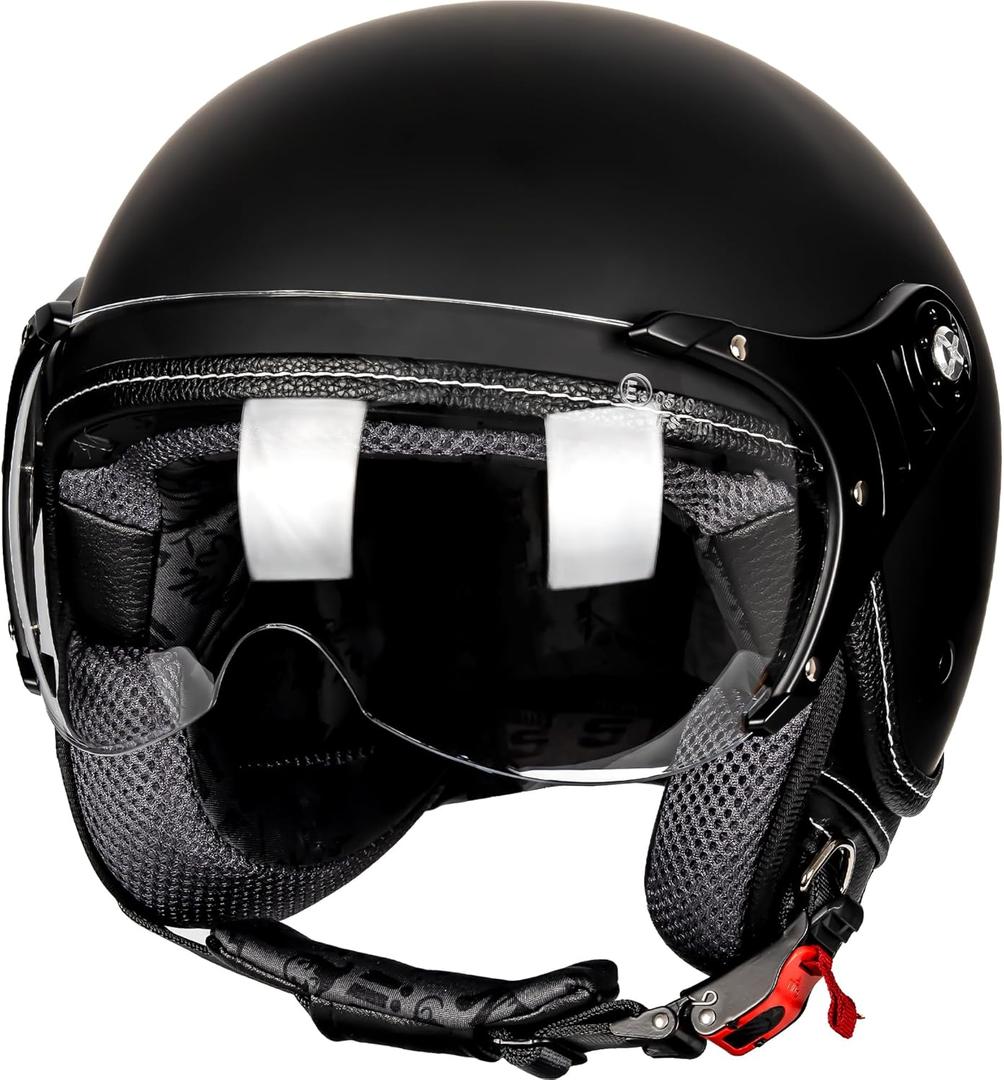3/4 Motorcycle Helmets Retro Open Face Vespa Scooters Helmet with Clear Visor for Men and Women- DOT Approved (Medium, Matte Black)