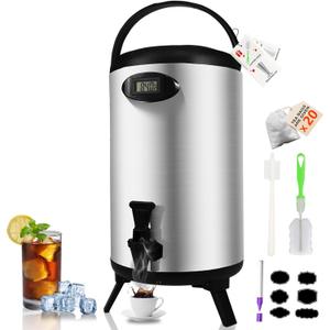 Insulated Beverage Dispenser 2.2 Gallon - Thermal Hot Beverage Dispenser, Hot and Cold Drink Dispenser with Spigot for Hot Water Coffee Chocolate Tea Cold Milk Cocoa, Silver (Non-electric),NN