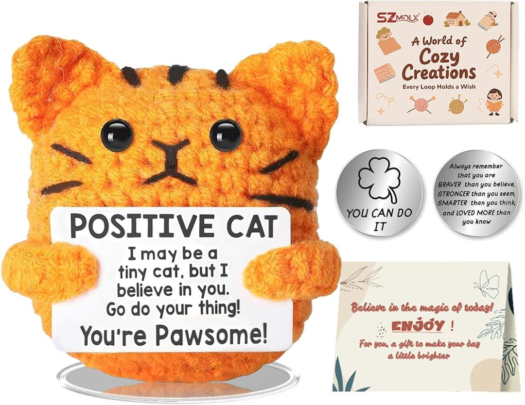 Positive Crochet Animals, Pocket Hug Crochet Cat Emotional Support Good Luck Gifts for Thank You,Lucky Charm Exam, Get Well Soon Gifts for Women Men