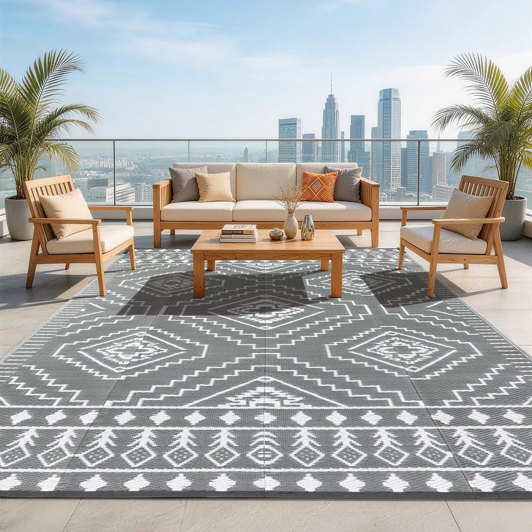 LBRO2M Waterproof Outdoor Rugs 9X12 for Patio Outdoor Plastic Straw Rug Reversible Outdoor Camping Rugs RV Rug for Deck,Backyard (9X12 Gray White)
