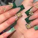 Long Square Press on Nails Green French Tip Fake Nails Gold Glitter False Nails with Gold 3D Butterfly Designs Long Square Glue on Nails Sparkly Artificial Nails Cute Stick on Nails for Women (Long Style-C5C29)
