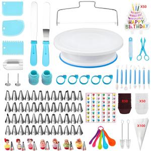 ANSLYQA Cake Decorating Kit, 340 Pcs with Cake Turntable, Leveler, 55 Numbered Icing+Skirt Tips, 2 Spatulas, 3 Scrapers, 2 Couplers, 100 Pastry Bags, 100 Cupcake Liners & More Baking Tools, (Blue)
