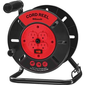 Extension Cord Storage Reel with 4-Grounded Outlets, 15A Circuit Breaker, Heavy Duty Open Cord Reel for 12/3,14/3,16/3 Gauge Power Cord, Hand Wind Retractable, ETL Listed, Red R95CR06