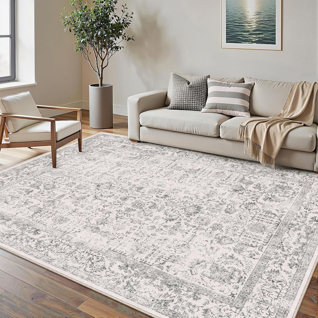 PureCozy Gray Area Rug 5x7 Machine Washable Vintage Living Room Distressed Non Slip Carpet Traditional Indoor Bedroom Grey Retro Floral Accent Throw Large Rug for Office Kitchen Bathroom Dining Room