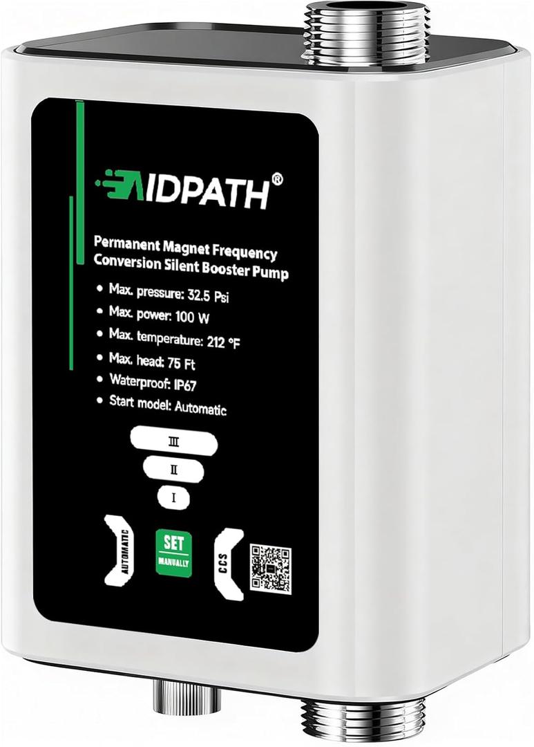 1/7 HP Smart Water Pressure Booster Pump, Peak 33 PSI & 475 GPH, 3-Speed Adjustable, CCS Low-Flow Auto Start, 115V, 3/4" NPT Inlet & Outlet 1/2" NPT Adapter for Faucet, Shower