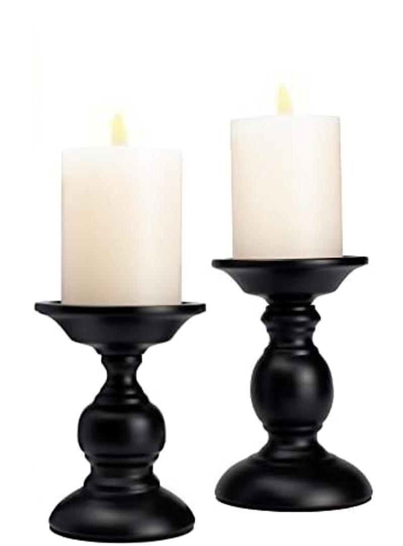 Black Pillar Candle Holders Set of 2 Vintage Candle Holder for Table Centerpiece & Fireplace Decor, Decorative Antique Candle Stand for Dining & Living Room Decoration