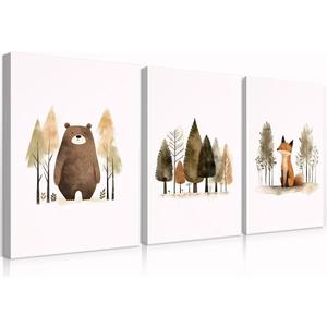 QMWIDKL Woodland Nursery Canvas Wall Art Jungle Wild Animals Pictures Wall Decor Cute Forest Bear Fox Paintings Prints Artwork For Girls Boys Kids Baby Room Woodsy Theme Watercolor(16x24 inch)