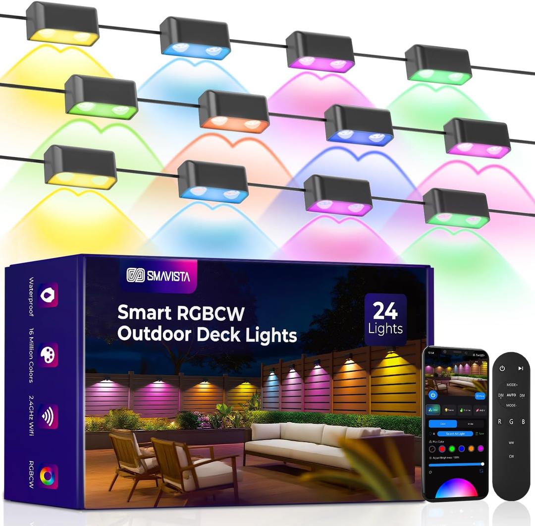 Outdoor Deck Lights 24 Packs, Smart RGBCW Fence Light, 100+ Scene Modes, Dual Lens LED String Lights with APP/Voice/Remote Control, IP65 Waterproof for Halloween Christmas Decor, 157ft Black