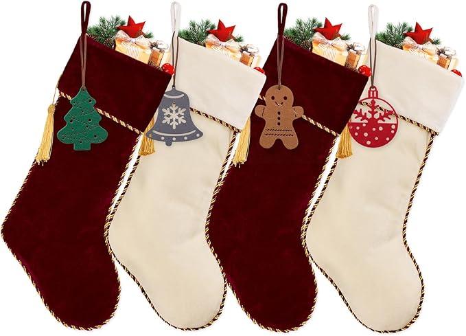 HiPeep 4 Pack Christmas Stockings, Red and White Luxury Velvet Christmas Stocking Set, Xmas Stocking for Fireplace, Tree Decorations
