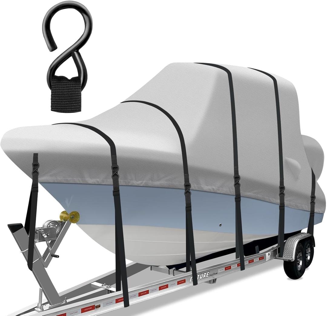 1400D Heavy Duty T-Top Boat Cover with Metal Buckles, 20-22ft Trailerable T Top Hard Top Boat Cover, Marine Grade TTOP Boat Storage Cover, Waterproof Center Console Boat with T TOP Roof, Gray