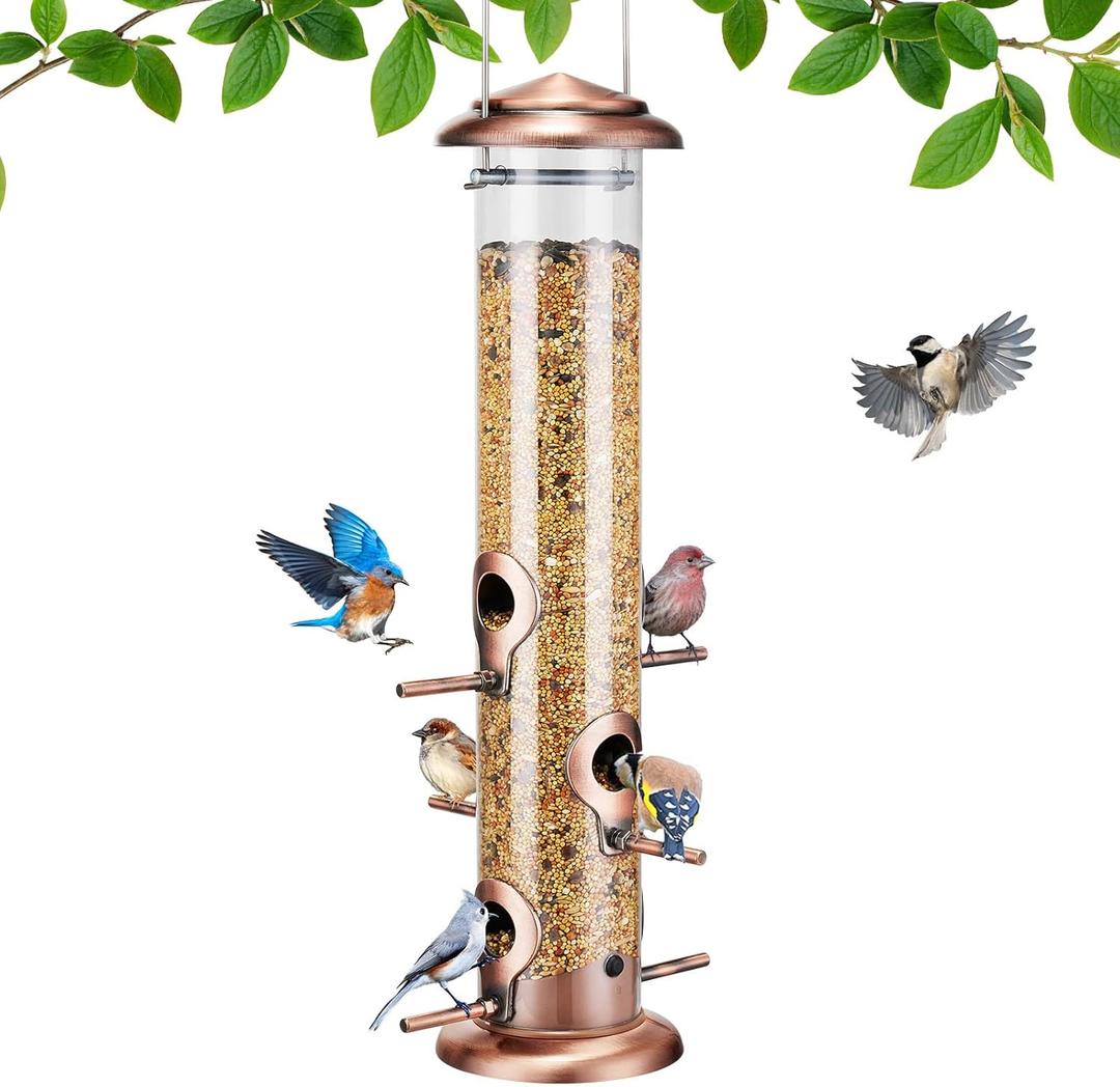 Kingsyard Metal Bird Feeders for Outdoors Hanging, Tube Bird Feeder with 6 Feeding Ports, 15 Inch, Chew-Proof & Weatherproof, Antique Copper