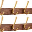 2 PCS 16 Inch Walnut Wood Coat Rack Wall Mount with 4 Hooks, Adhesive & Drilling Mounted Heavy Duty Wooden Wall Coat Hanger Hanging Towel Clothes Hat Bag Purse Key Jacket Backpack Holder Gold