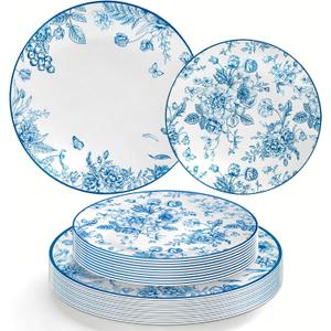 AnyDesign 80 Pcs Blue White Floral Plastic Plates 10.25 Inch Dinner & 7.5 Inch Dessert Chinoiserie Flower Disposable Plates Party Tableware for Spring Wedding Baby Shower Table Supplies