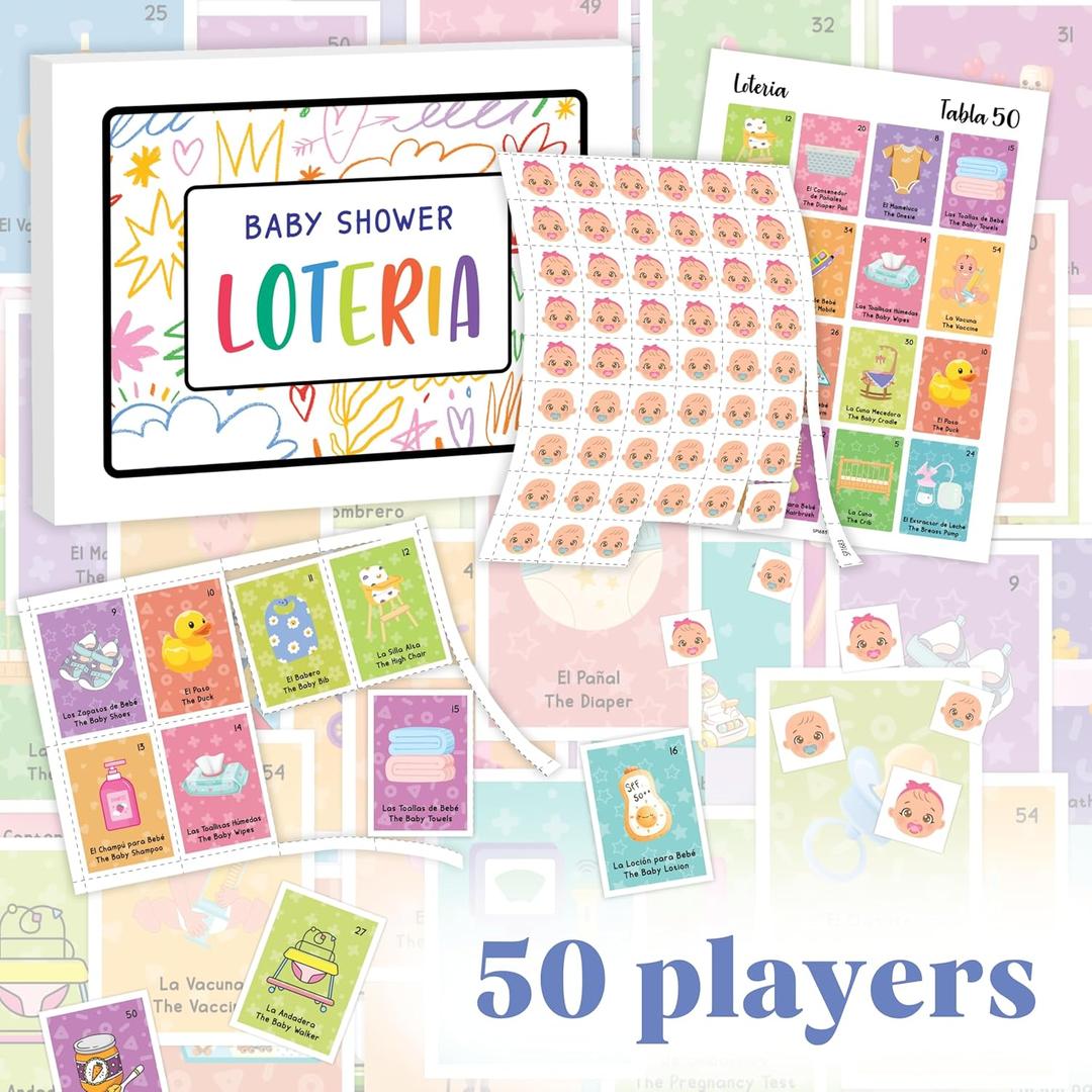 Baby Shower Loteria Bilingual - Baby Shower Bingo For Babies Shower Games Spanish And English, Funny Party Bingo for Girls Boys, Loteria Game For 50 Players