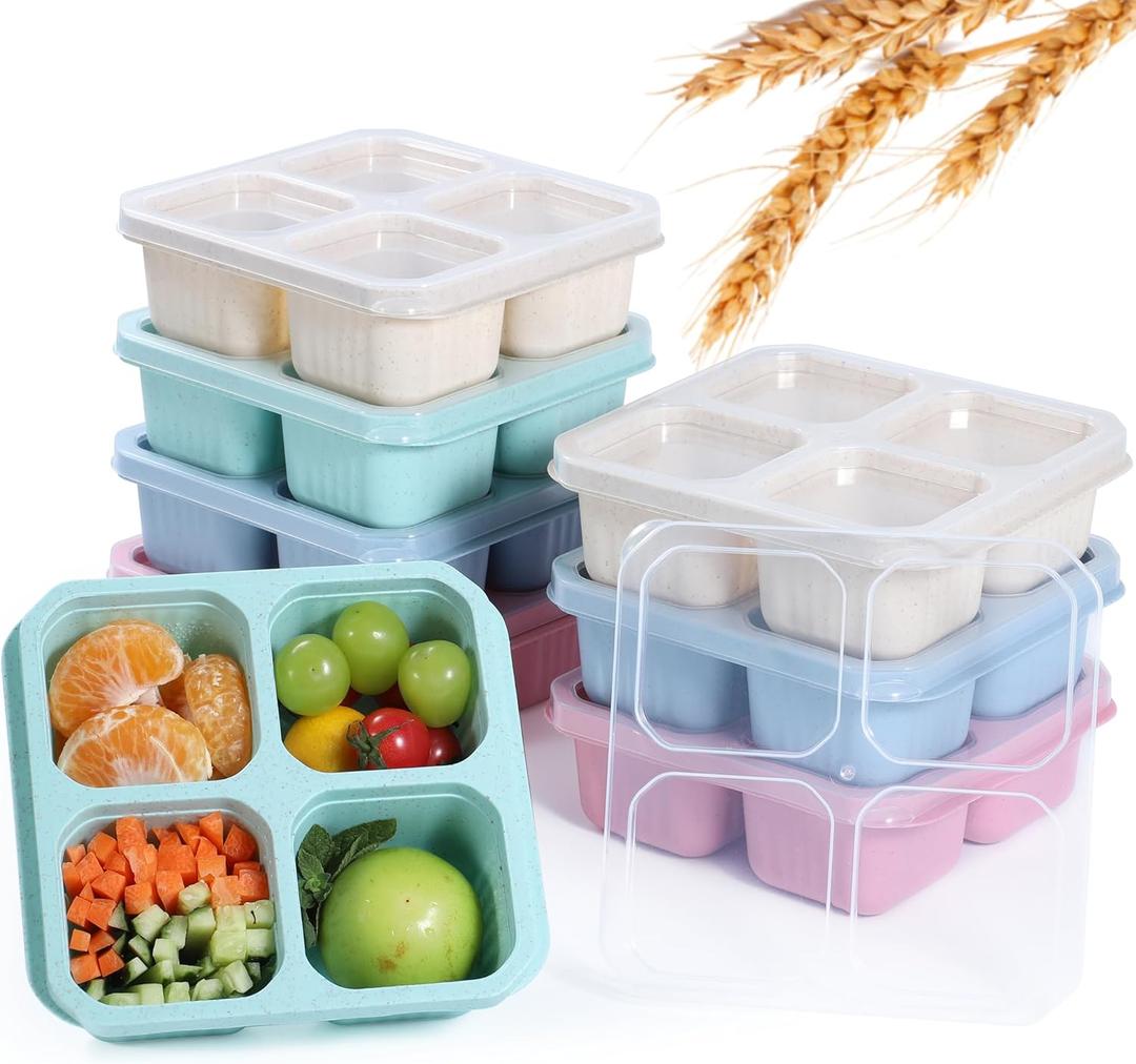 8 Pack Wheat Straw Snack Containers, 4-Compartment Reusable Bento Box with Lids - BPA-Free, Stackable Meal Prep Food Storage for Work, Travel, Home and On-the-Go