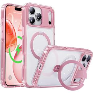 CASEKOO Pink for iPhone 17 Pro Max Case with Ultra Magnetic Stand, Fit for MagSafe, 16FT Military Grade Protection, Kickstand for Viewing & Work, Clear Back, Pink