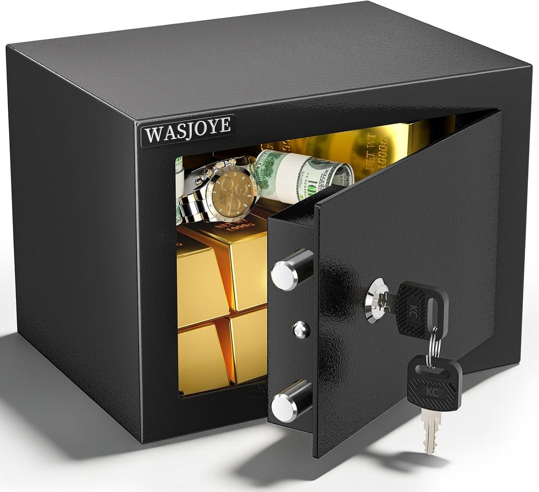 WASJOYE Home Small Safe Box - Key Lock Coffre Fort Steel High Security Safety Box, 0.23 Cubic Feet Steel Safes for Home/Office/Hotel, Small Hidden Safe Box for Money Cash Jewelry Medicine Passport