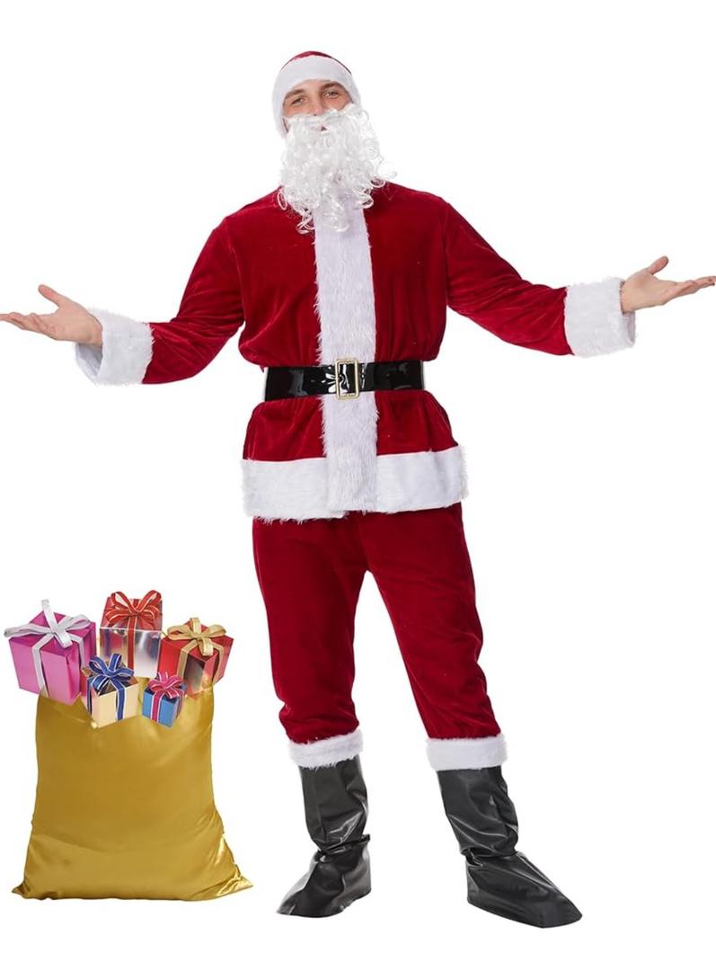 Men's Santa Claus Costume Adults Suit 7 Pcs, Deluxe Velvet Large Santa Outfits for Christmas, Cosplay Party, with hats, beard, belt XL