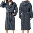 Luxury Soft Mens Robe with Hood Plush Fleece Long Bathrobe, L/XL, Grey