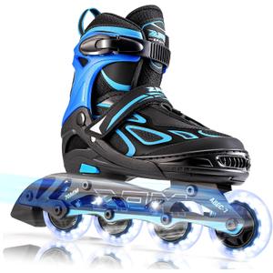 2PM SPORTS Vinal Girls Adjustable Flashing Inline Skates, All Wheels Light Up, Fun Illuminating Skates for Kids Men Adult Women and Boys (Medium - Big Kid (1-4 US), Azure & Blue)