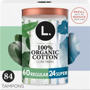 L. Cotton Tampons Regular/Super Absorbency Multipack, Contains an Organic Cotton Core, Made Without Synthetic Pesticides, or Fragrances, 84 Count (2 Packs of 42)