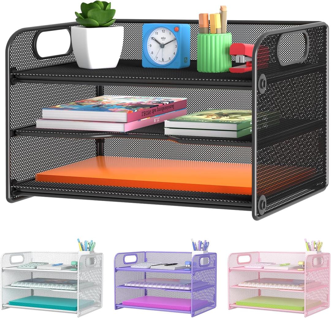 Samstar 3 Tier Letter Tray Paper Organizer with Handle, Mesh Desk Organizer Paper Sorter File Rack Shelves, Black