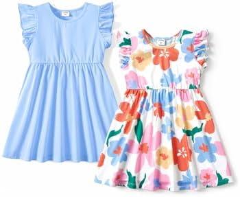 PATPAT Toddler Girl's Floral Dress Sets Pack Ruffle Sleeve Sleeveless A-line Skater Dresses Set Blue 2 Years