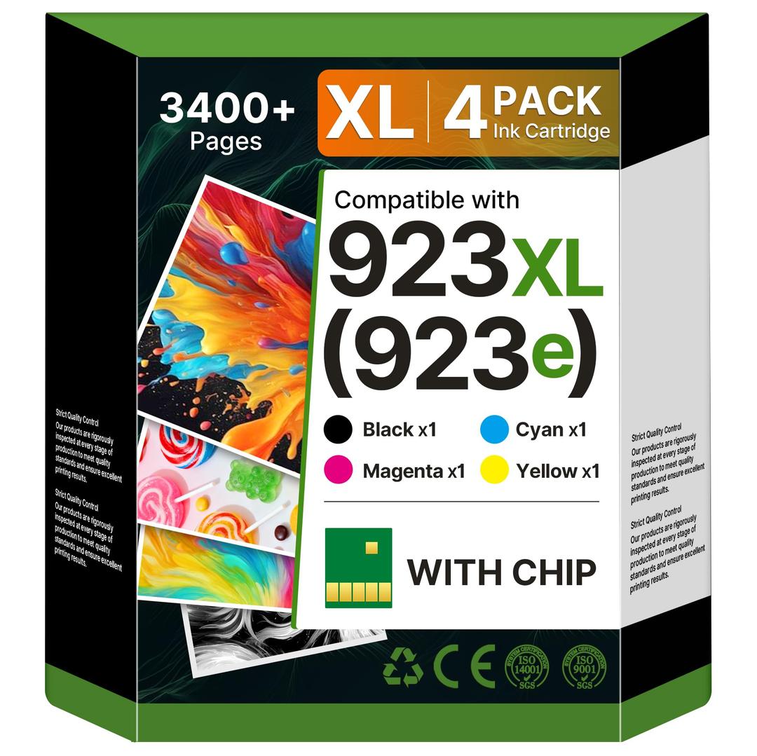 923e 923XL 923 Ink Cartridges Combo Pack with Chip Replacement for hp 923 Ink cartridges for OfficeJet 8120e 8122e 8124e Pro 8135e 8138e 8139e 8130e 8132e Printer (4 Pack, Black Cyan Yellow Magenta)