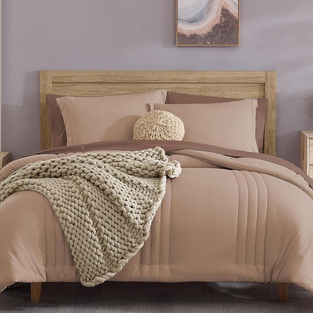 Monbix Comforter King Size, King Comforters Set 7 Piece, Breathable Solid Bedding Sets King with Comforters, Sheets, King Bed in A Bag with Sheets, Pillowcases & Shams (Rust Pink King, 102"x90")