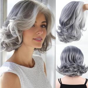 RENERSHOW Mid-length Grey Wavy Bob Wigs for Women Short Gray Curly Wig Synthetic Salt and Pepper Wigs Average Size Realistic Natural Daily Party Wigs for Older Women with Silver White Bangs(10-12inch)