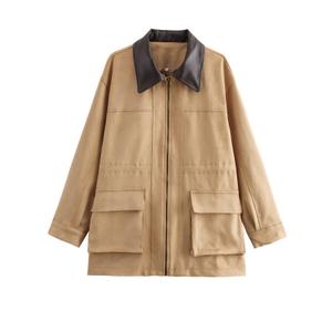 CUFEZN Women's Barn Jacket Faux Suede Leather Jackets Oversized Casual Adjustable Waist Coat with Pockets Khaki Large
