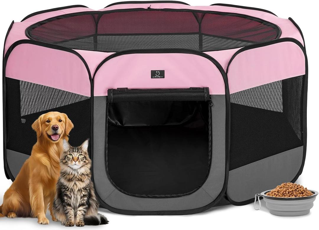 Dog Playpen for Small Dogs & Puppies, 50.39" Portable Indoor Outdoor Puppy Playpen with Bowl, Waterproof Floor, Foldable Pop-Up Pet Pen for Home, Travel & Daily Use, Pink+Grey