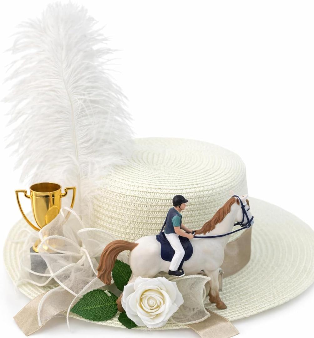 Newcotte Derby Hats for Women Vintage Feather Horse Rose Derby Hats Fascinator Bridal Wedding Tea Party Hat (White)