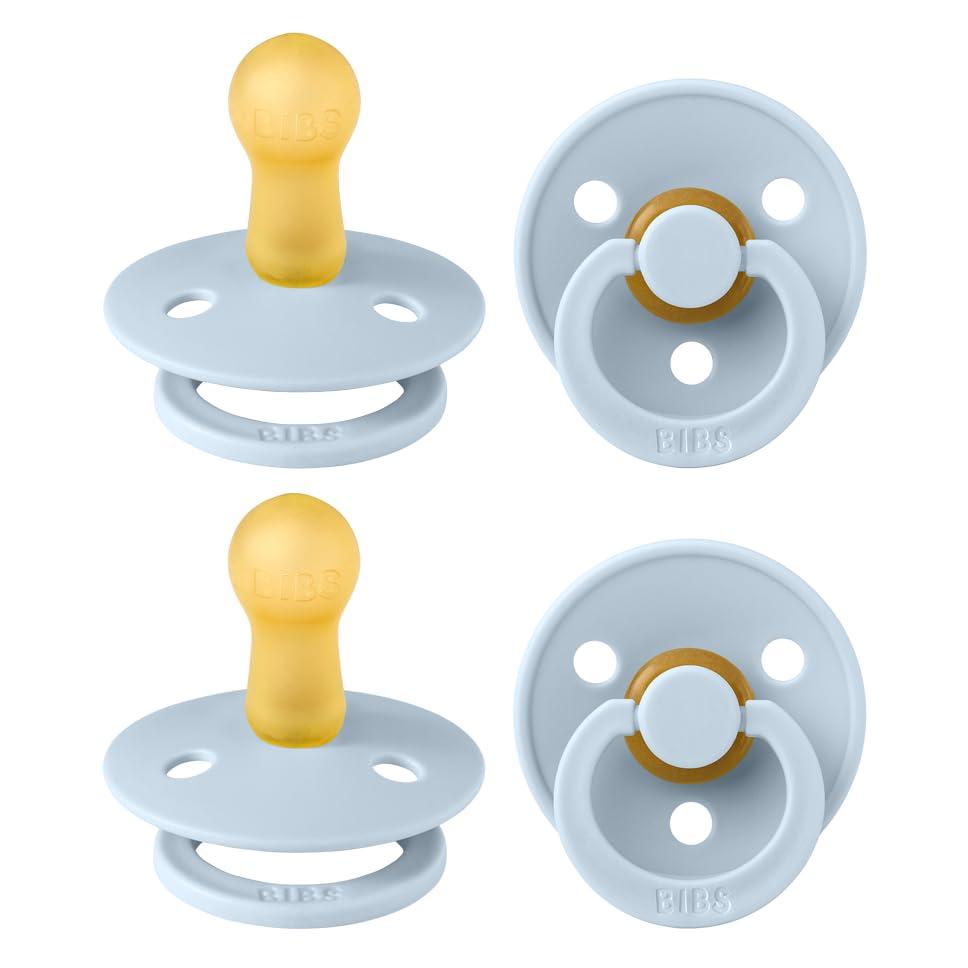 BIBS Colour Pacifier 4Pack, BPA Free Dummy Pacifier, Round Nipple. Natural Rubber Latex, Made in Denmark, Size 2 (6-18 Months), Baby Blue