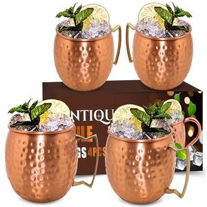 ANTIQUANA Moscow Mule Mugs - Set of 4-100% Pure Copper Mugs Large 16 oz - Premium Moscow Mule Cups Set of 4 - Solid Copper Cups Perfect Premium Gift (Brass Handle)