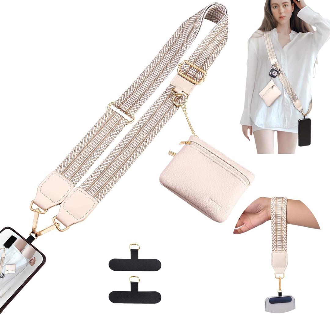 OUTXE Clip and Go Strap for Phone with Wallet Crossbody, Detachable Wrist Strap Save Girls Anti Theft Lanyard with Zippered Pouch & 2* Nylon Tab for All Phones (Bohemian Beige)