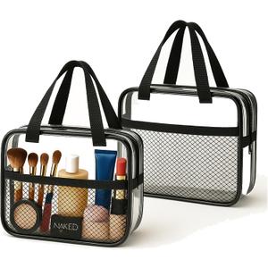 XEWEA 2PCS Middle TSA Approved Clear Travel Toiletry Bags for Men Women, Transparent Makeup Cosmetic Bag with Handle Zipper, Waterproof PVC Quart Organizer Pouch for Airport Airline Essential, Balck