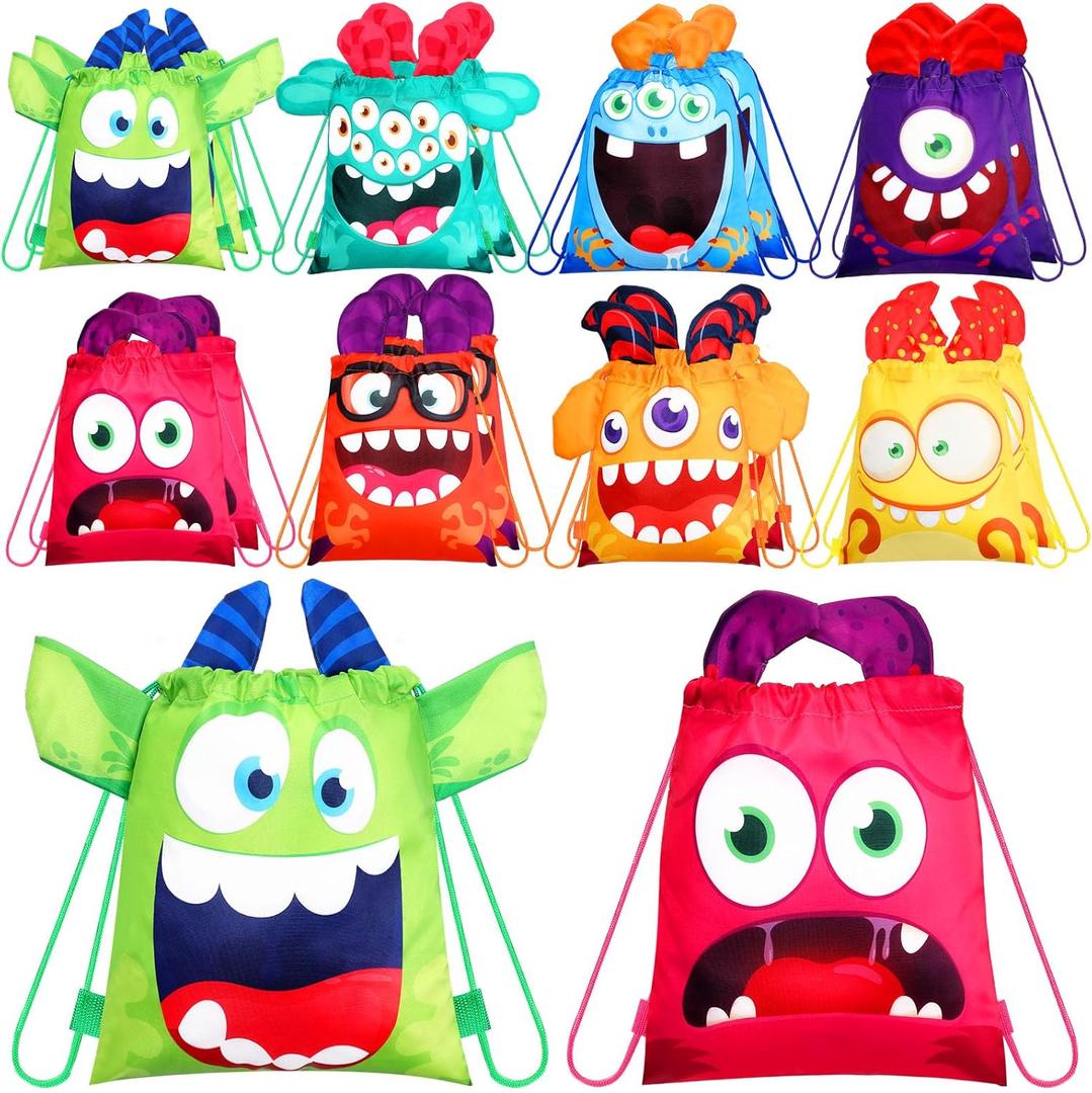 Hillban 16 Pcs Animal Drawstring Bags for Kids Party Favors Drawstring Backpack with Ear for Safari Birthday(Monster Style)
