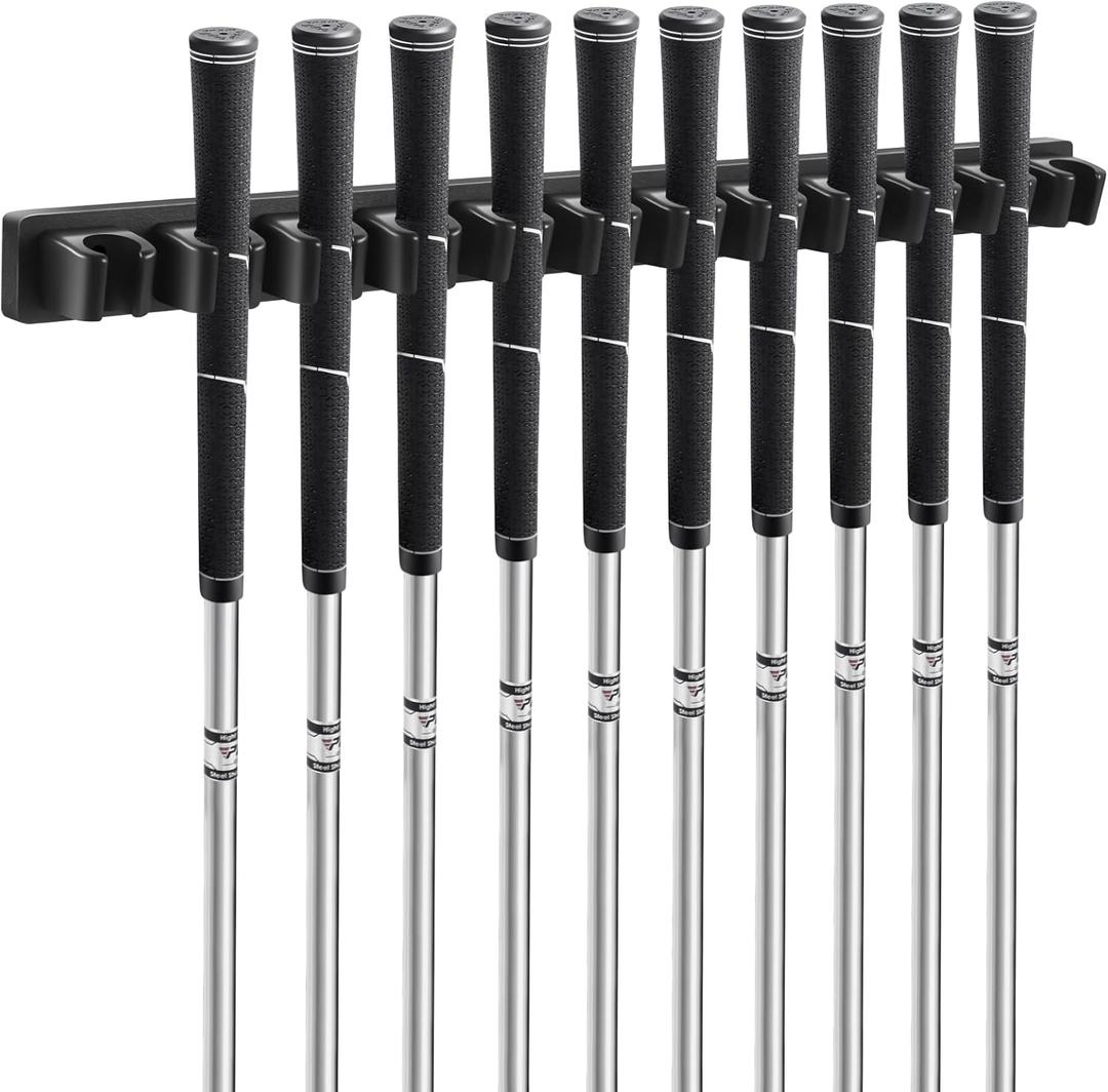 Wooden Golf Club Holder Wall Mount 12 Clips Golf Club Rack Hanger Organizer for Wall Display Garage Putters with Screws, Grip up Type (Black)