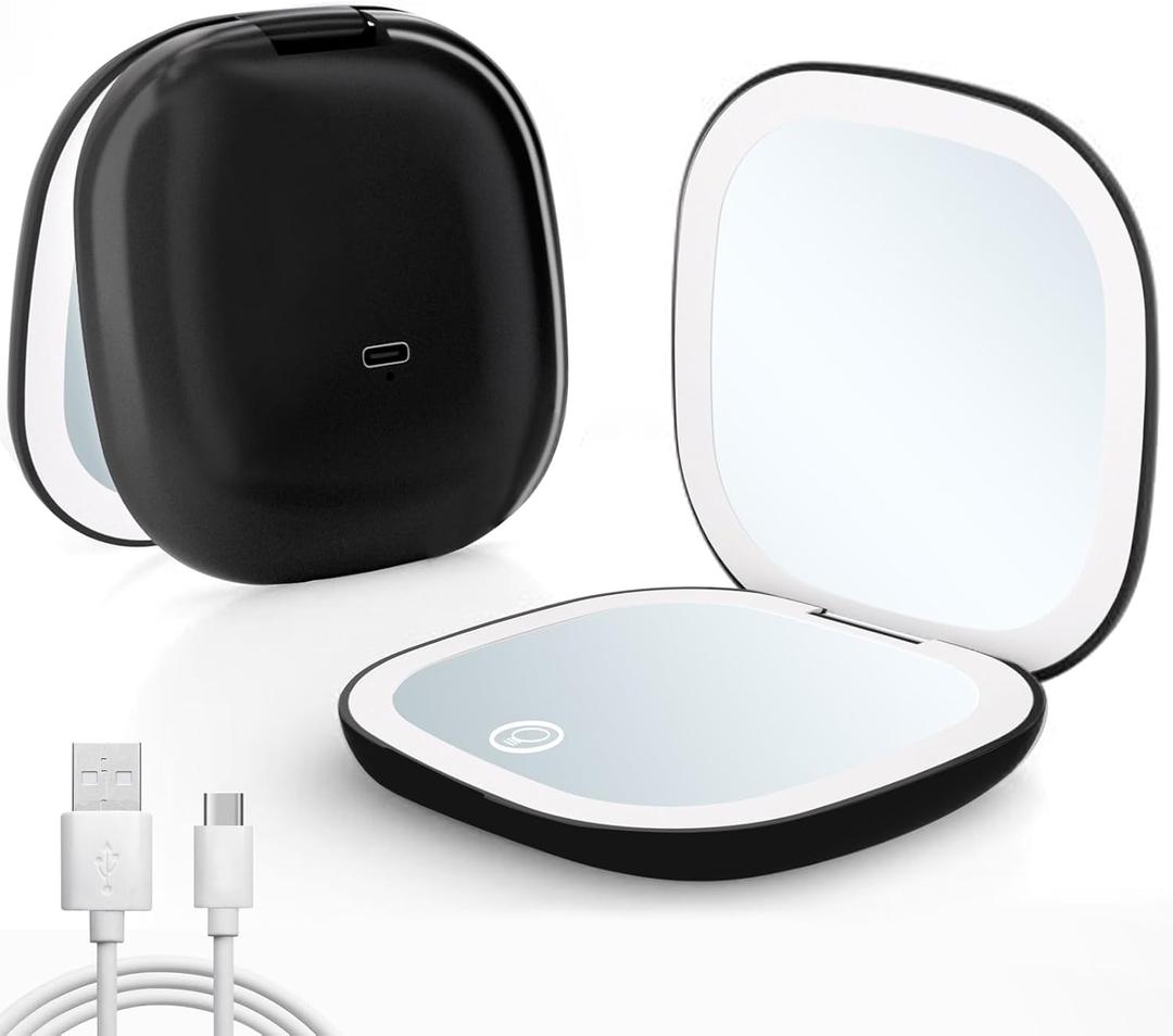 Compact Travel Makeup Mirror, Rechargeable 1X/10X Magnifying Compact Mirror with Dimmable Light, 2-Sided Handheld Portable Folding Mirror, Mini Makeup Mirror for Purse, Pocket, Gifts (Black)