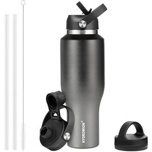HYDROWION Water Bottle Insulated (Cold 48 hrs, Hot 24 hrs) 40 oz Stainless Steel Water Tumbler with Leak Proof Straw Lid, Spout Lid and Flex Cap,Double Wall Travel Tumbler Cup, Black&Grey